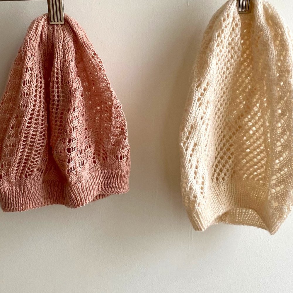 Knit / Crochet Beret Hats in Pink and Cream